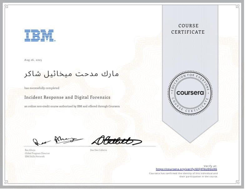Incident Response and Digital Forensics certificate preview