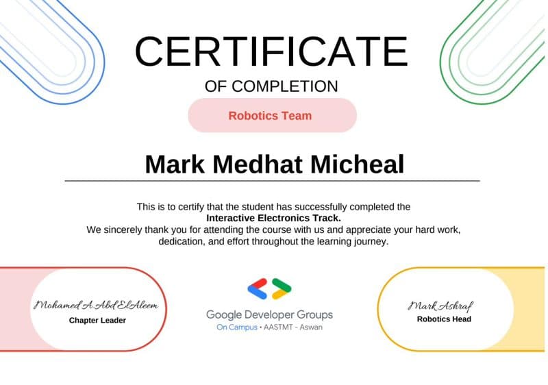 Interactive Electronics Track — Robotics Team certificate preview